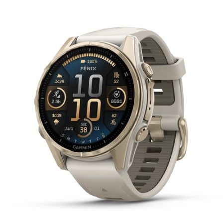 Garmin Fenix 8 AMOLED 43mm Sapphire Krémarany Homokkő/Szürke szilikon szíj 